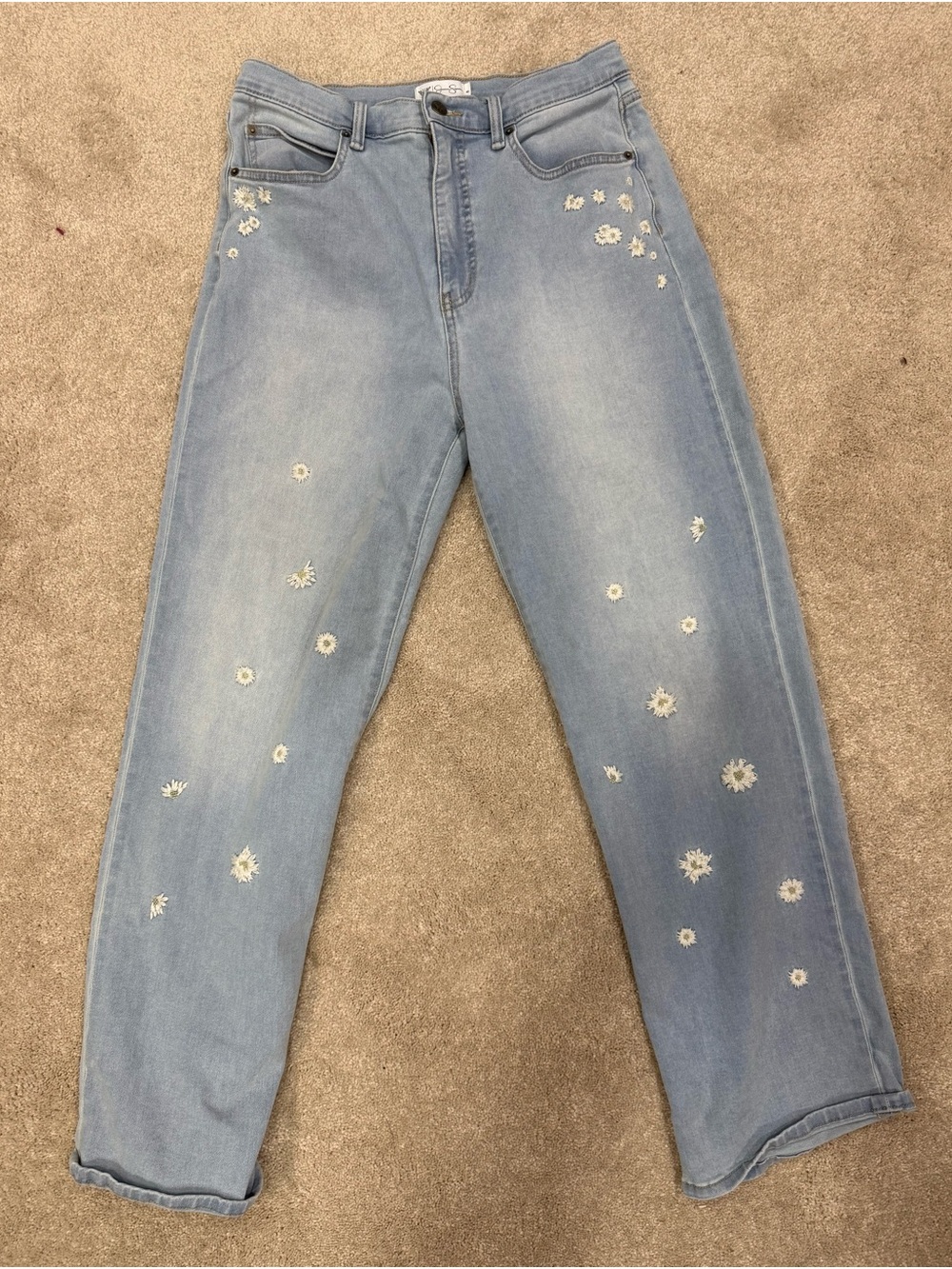 Jessica Simpson Light Blue Daisy Embroidered Boyfriend wide legJeans